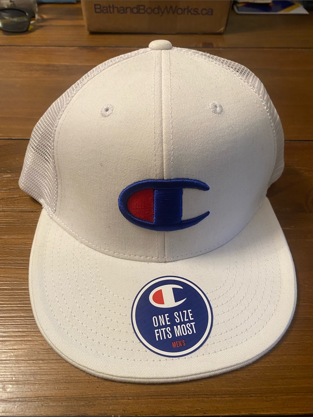 Champion White Trucker Hat with Blue & Red Logo